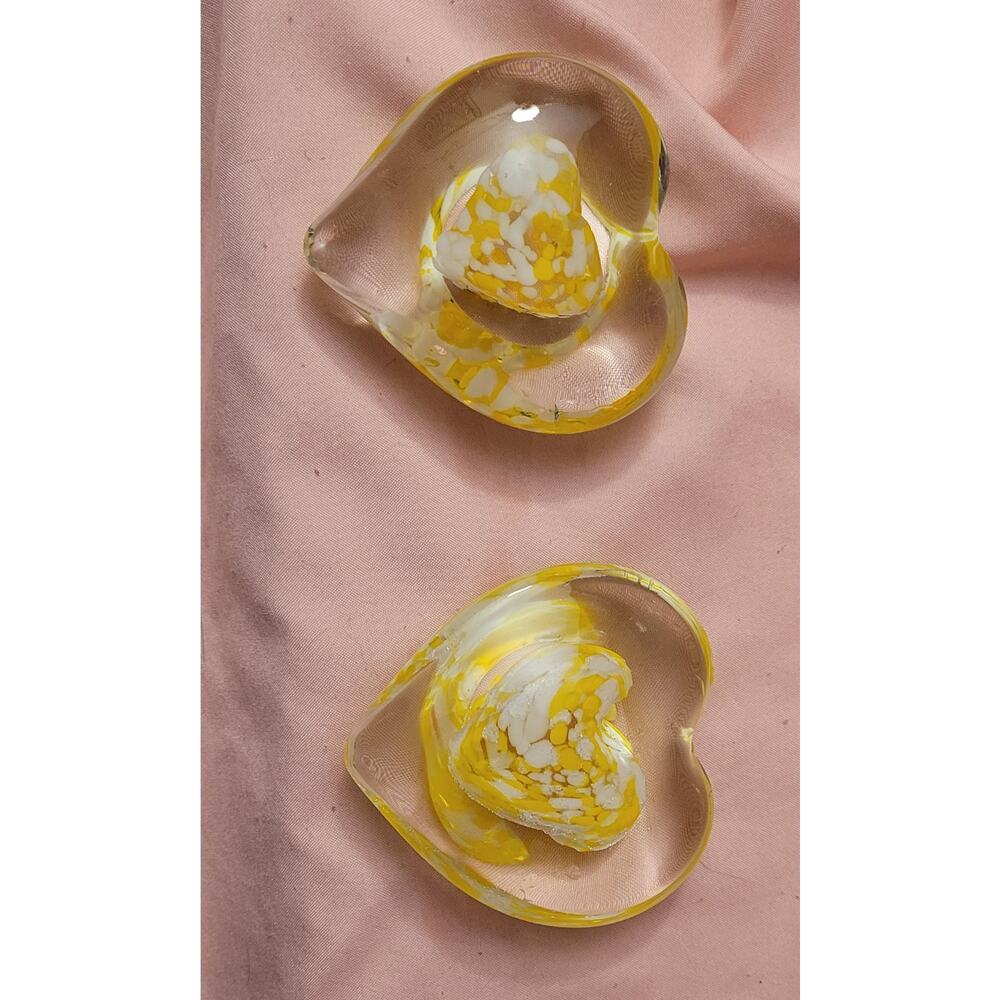Pair Of Heart Shaped Art Glass Clear Paperweight Yellow and White Heart Center